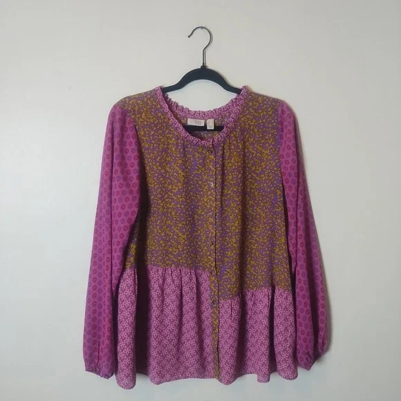 LOGO Lori Goldstein Purple Floral Peasant Button Up Blouse Sz M Boho Oversized - Picture 1 of 8